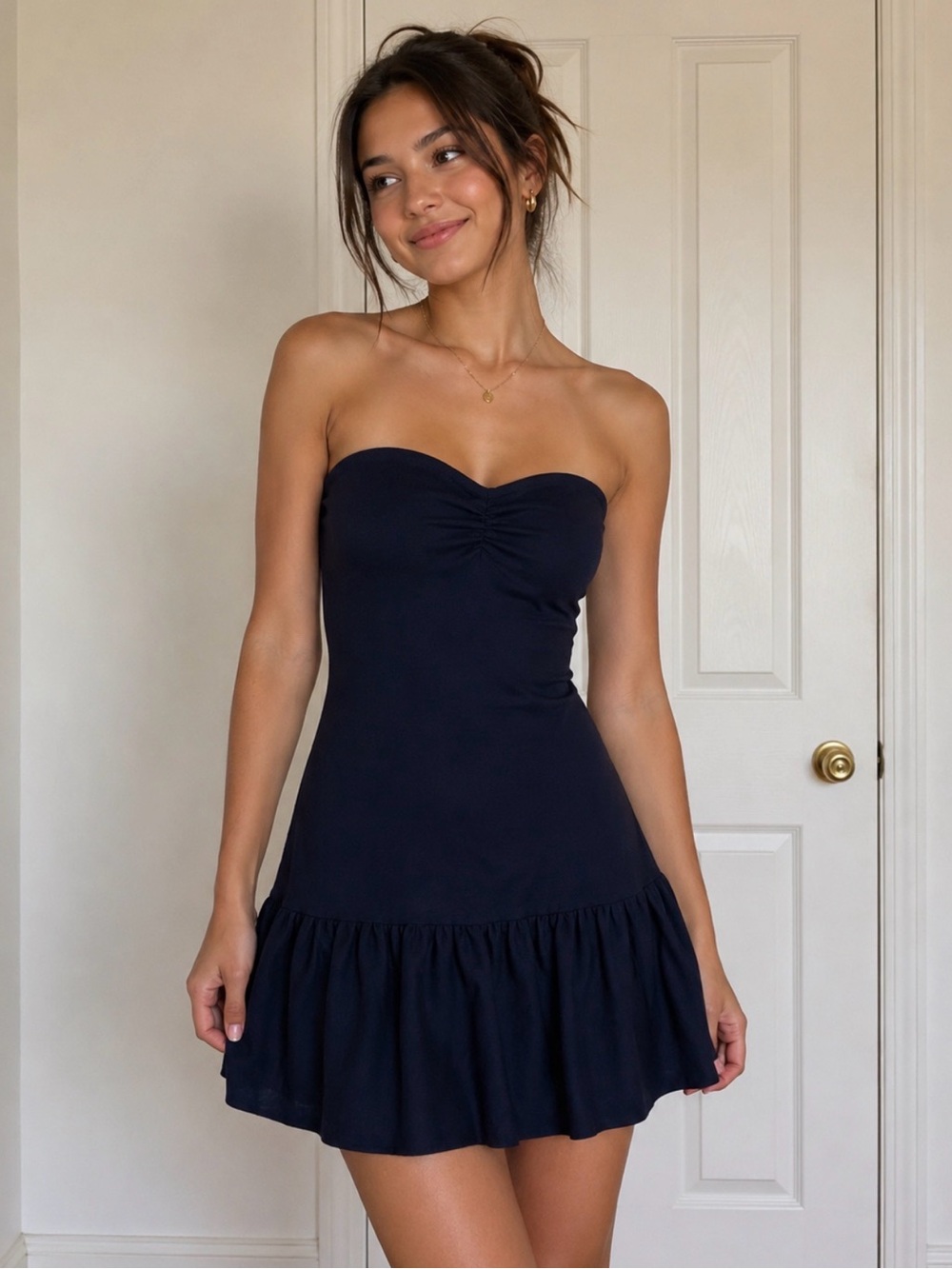 Strapless Navy Ruffle-Hem Mini Dress